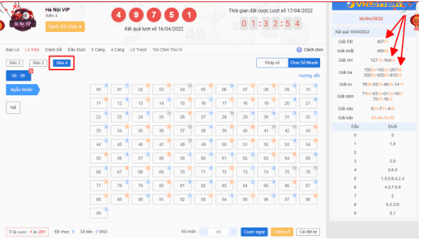 Bảng mẫu Lô Xiên 4 - xổ số Hà Nội VIP